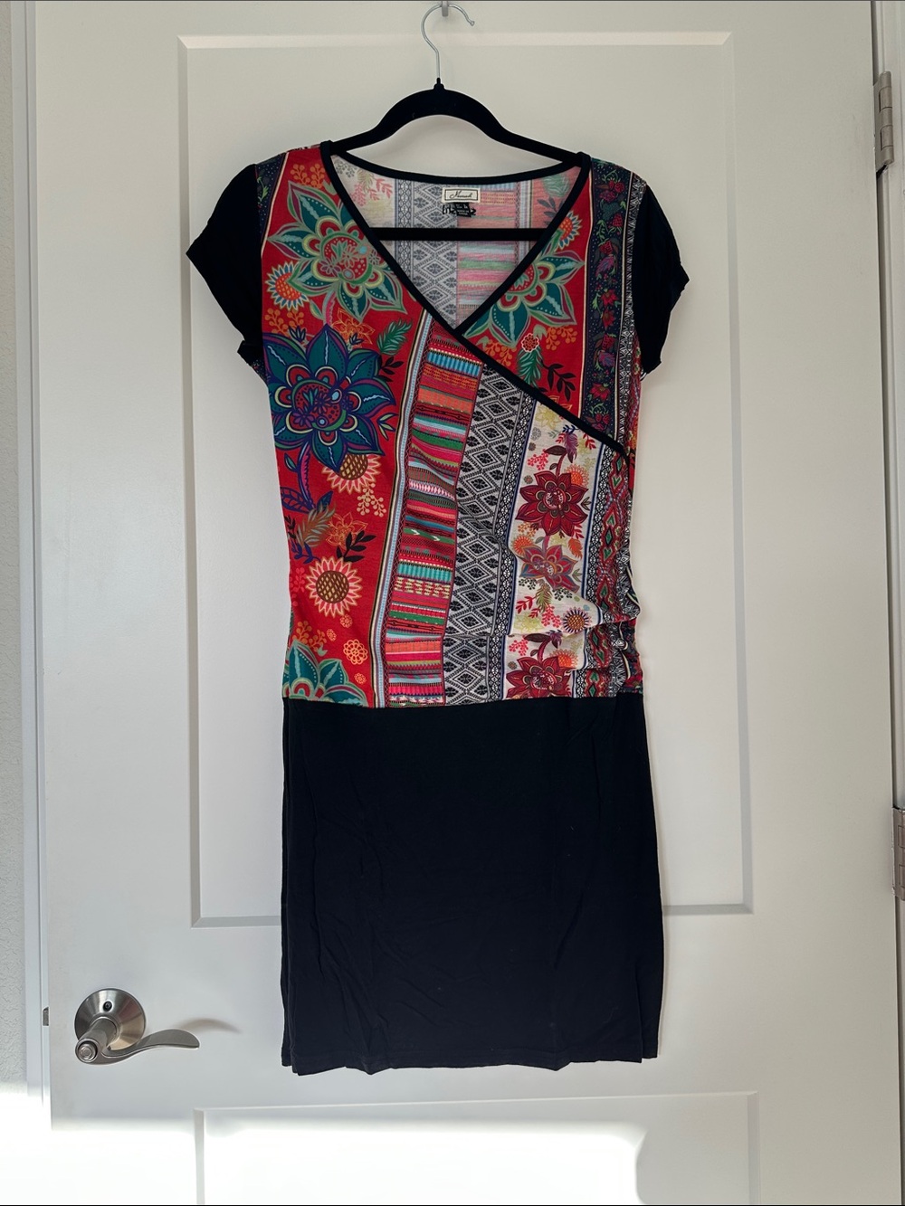 Mismash Red Floral Patchwork V-Neck Dress with Black Trim